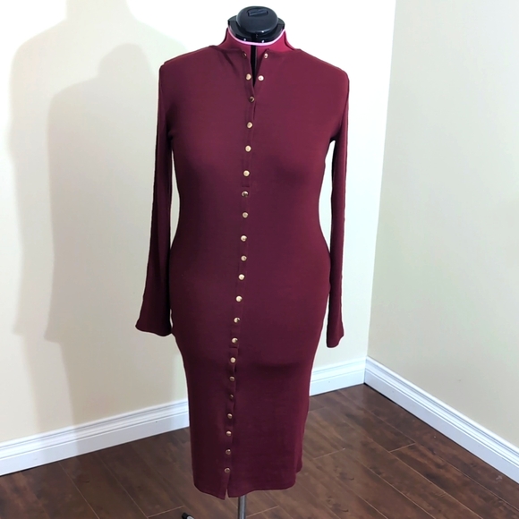 Fashion Nova| Maroon Red Long Sleeve Midi Button Up Dress With Button Detailing - Picture 3 of 15